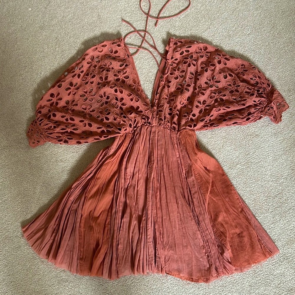 Free people peach/ orange eyelet v neck dress.